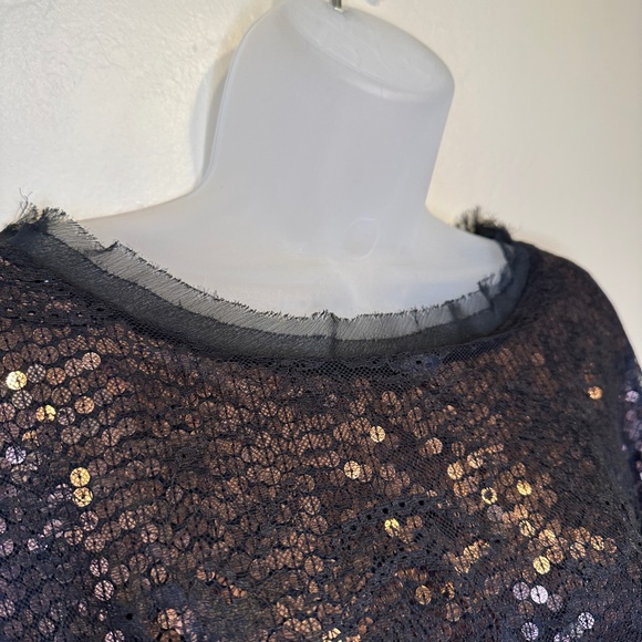 Joie | Addison Caviar Sequin Mesh Lace Cap Sleeves Cropped Fit Glam Boxy Blouse - Picture 7 of 15